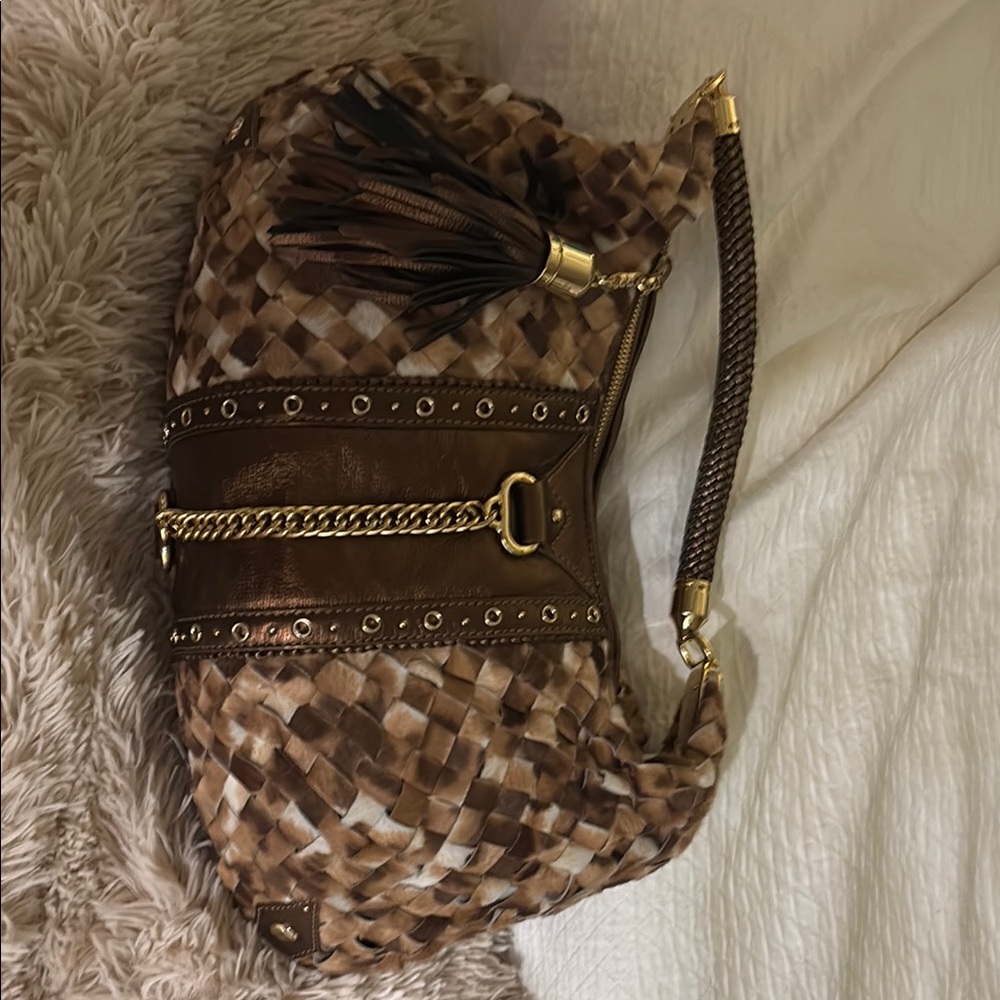 Cole Haan Brown and Gold Shoulder Bag with Metallic Accents